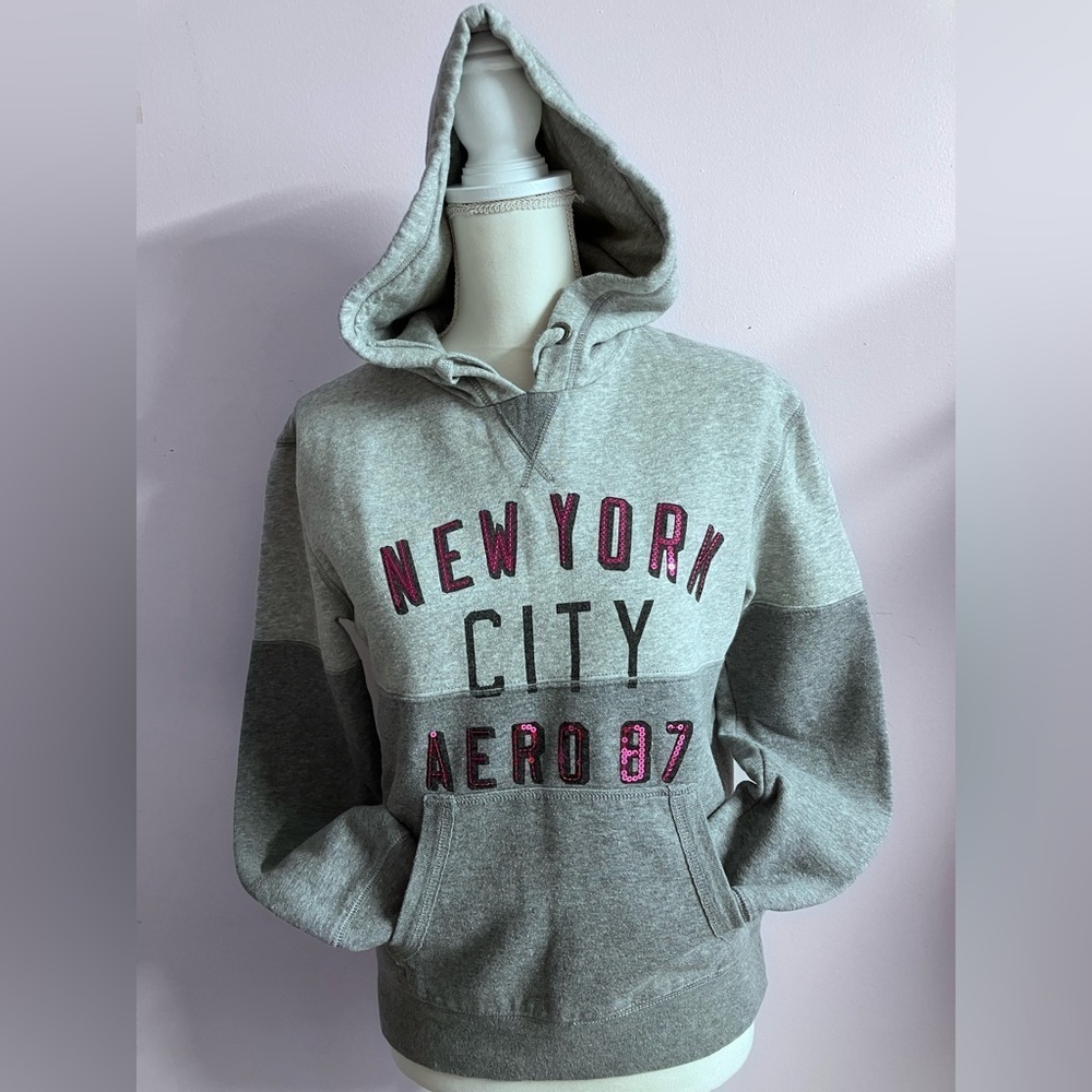 Aeropostale Women’s Pullover Tie Hoodie, Small, Two-Tone Gray/Pink Bling